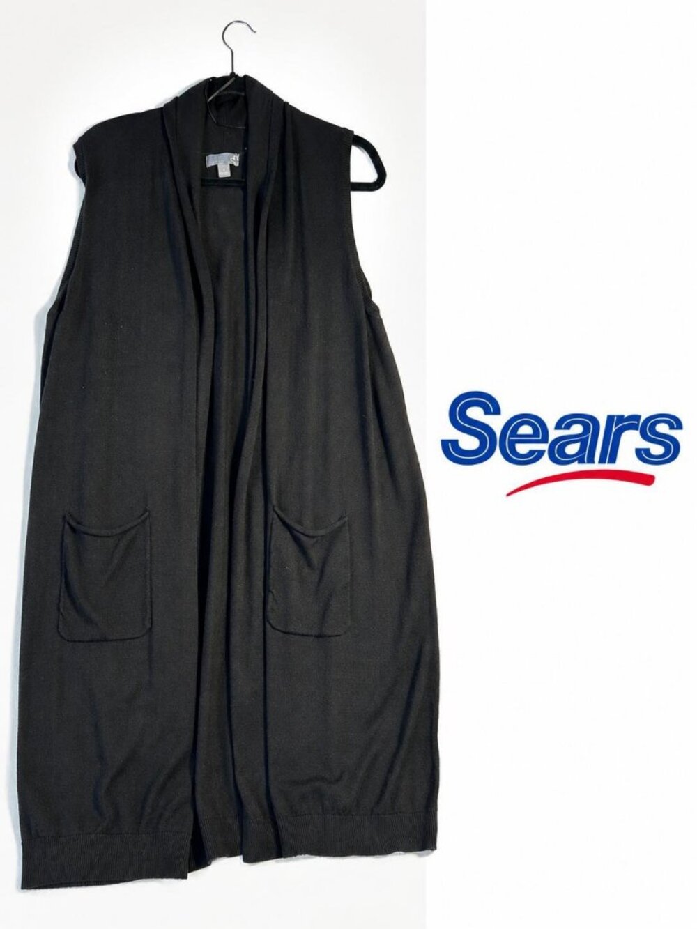 Sears Black Open Front Long Knit Duster Vest Plus Size 2X Sleeveless